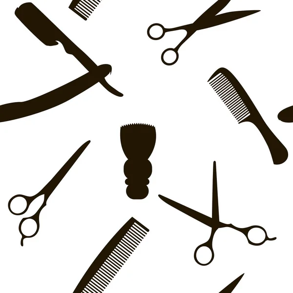 Barber Shop or Hairdresser background, seamless pattern with hairdressing scissors, shaving brush, razor, comb for man salon vector illustration — Stock Vector