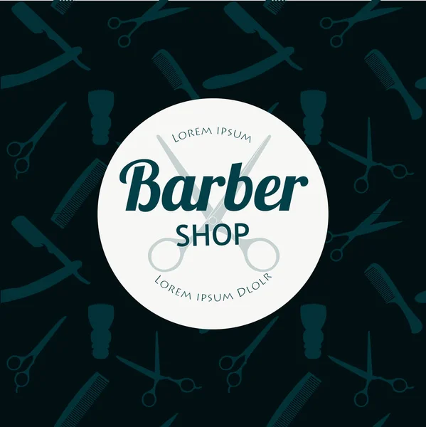 Barbeiro loja ou cabeleireiro conjunto de fundo com tesoura de cabeleireiro, escova de barbear, navalha, pente para homem salão de beleza vetor ilustração — Vetor de Stock