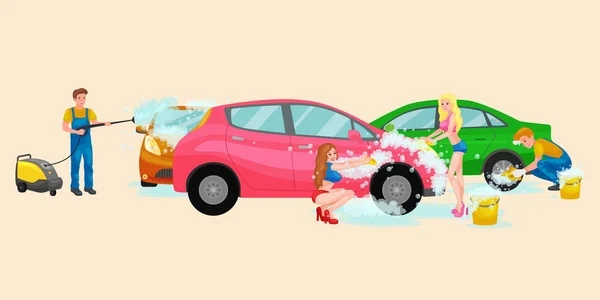 Biltvätt-tjänster, automatisk rengöring med tvål och vatten — Stock vektor