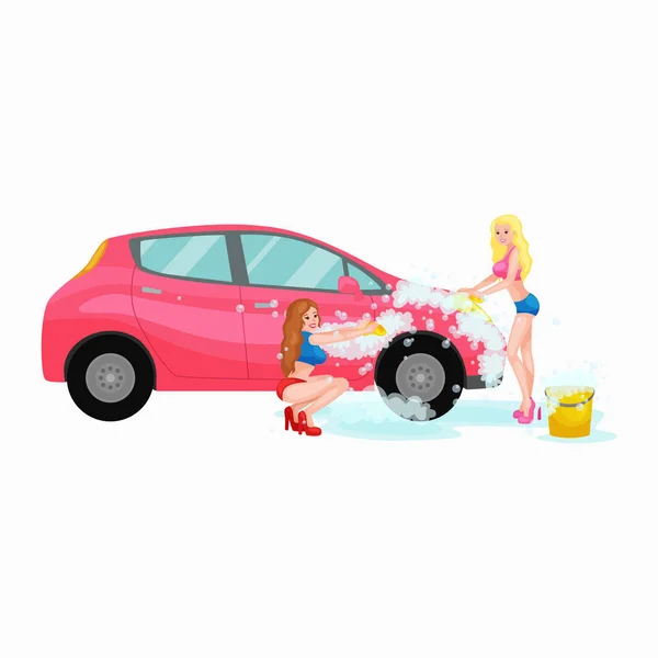 自动清洗用水和肥皂洗车服务 — 图库矢量图片