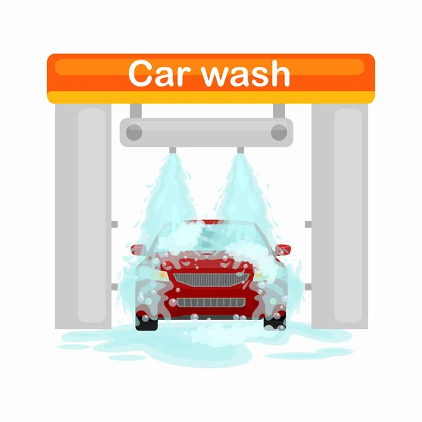 Autómosó szolgáltatások, automatikus tisztítás vízzel és szappannal — Stock Vector