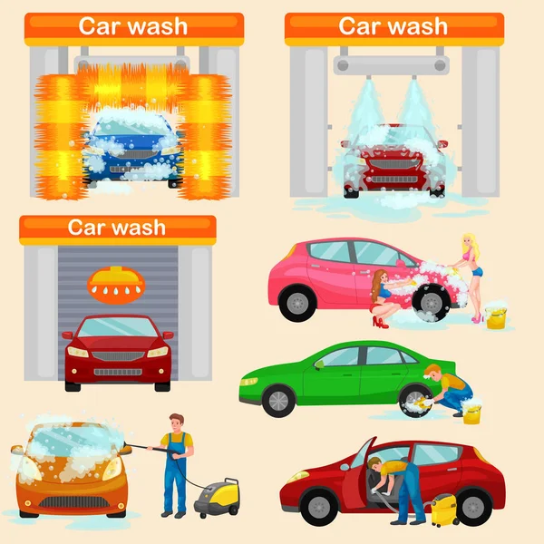 Services de lavage de voiture, nettoyage automatique avec de l'eau et du savon — Image vectorielle