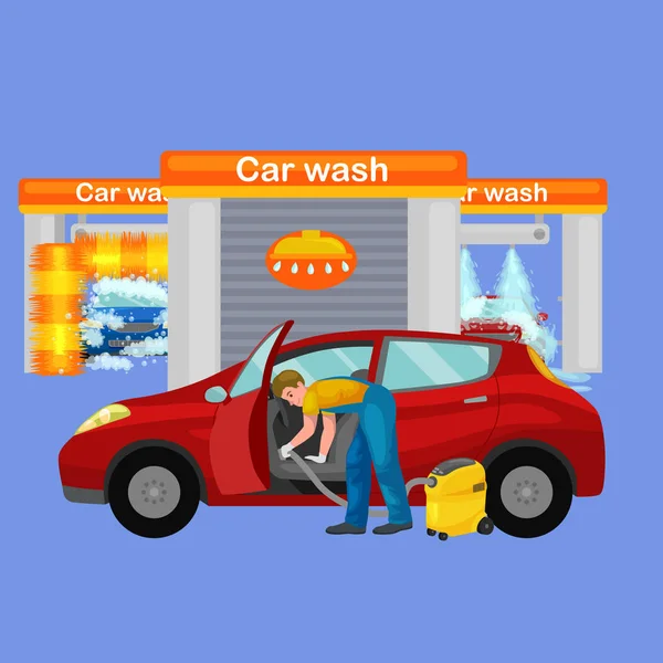 Services de lavage de voiture, nettoyage automatique avec de l'eau et du savon — Image vectorielle