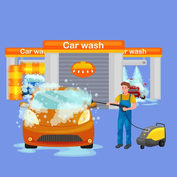 Services de lavage de voiture, nettoyage automatique avec de l'eau et du savon — Image vectorielle