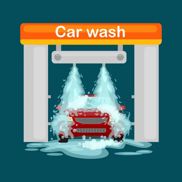 Autómosó szolgáltatások, automatikus tisztítás vízzel és szappannal — Stock Vector