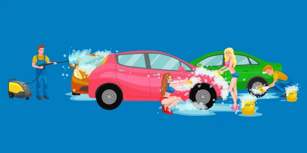 Автомойка, авточистка с водой и мылом — стоковый вектор
