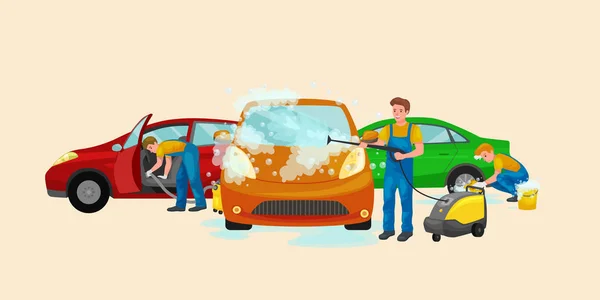Biltvätt-tjänster, automatisk rengöring med tvål och vatten — Stock vektor