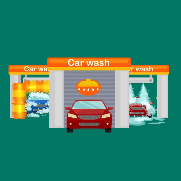 Services de lavage de voiture, nettoyage automatique avec de l'eau et du savon — Image vectorielle
