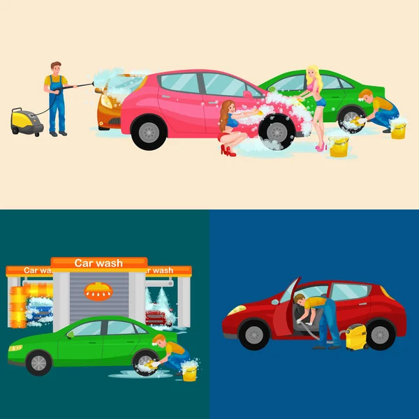 Services de lavage de voiture, nettoyage automatique avec de l'eau et du savon — Image vectorielle