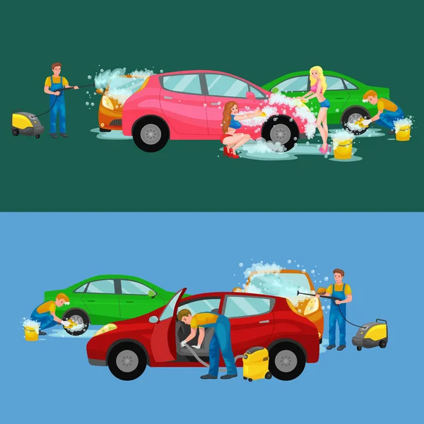 Usługi Myjnia samochodowa, auto, czyszczenie wodą i mydłem — Wektor stockowy