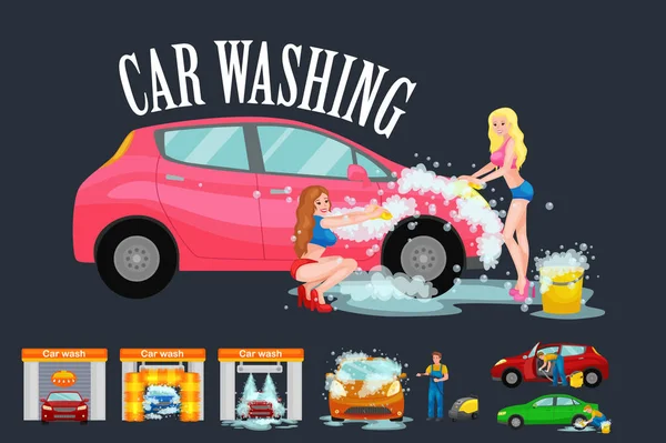 Services de lavage de voiture sans contact, modèle de bikini fille nettoyage automatique avec du savon et de l'eau, aspirateur intérieur de véhicule, homme isolé séchage illustration vectorielle automobile — Image vectorielle