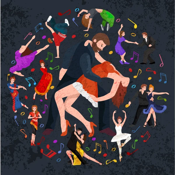 Groupe de danseurs, yong heureux homme et femme dansent ensemble en couple, fille danseuse sportive — Image vectorielle