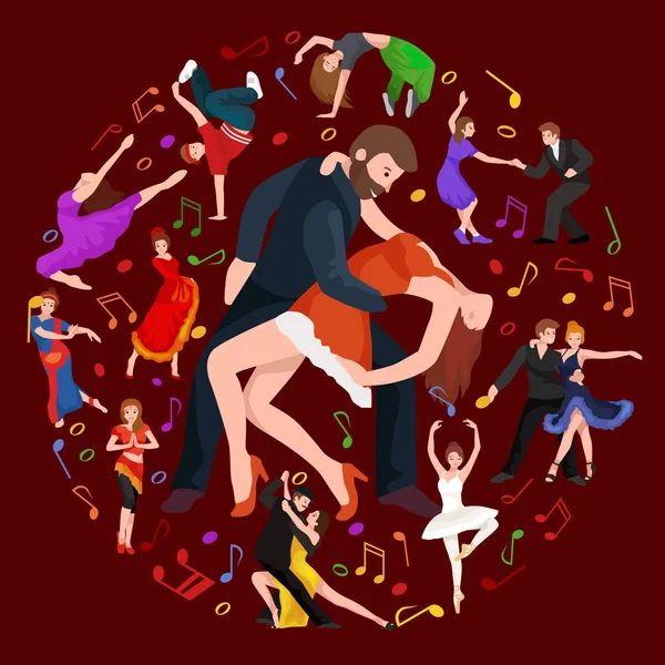 Grupa tańczących ludzi, yong szczęśliwym człowiekiem i kobieta Taniec razem w parę, Dziewczyna sport tancerz — Wektor stockowy
