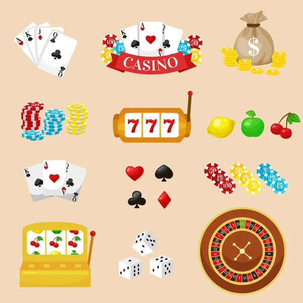 Gambling pictograms set. Deck of cards and casino, playing poker, venturesome game, dice  ace vector illustration — Stock Vector