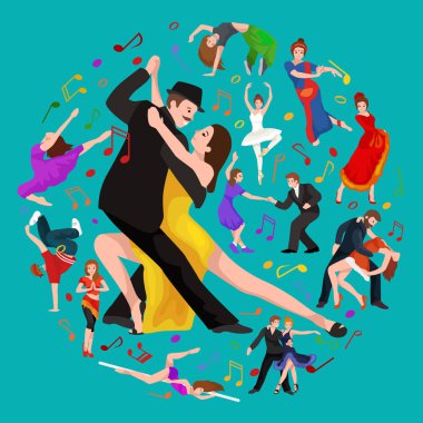 Yong çift erkek ve kadın tutku ile tango dans, dansçı illüstrasyon izole vektör