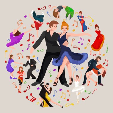 Mutlu beyaz simgesi piktogram, adam ve kadın elbiseli tutkuyla dans Salsa dansçıları çift izole