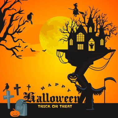 Cadılar Bayramı arka plan. Korku orman ahşap, ürkütücü ağaç, kabak ve mezarlığı.