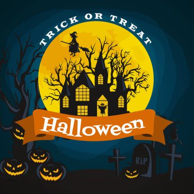 Cadılar Bayramı arka plan. Korku orman ahşap, ürkütücü ağaç, kabak ve mezarlığı.