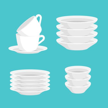 Mutfak ev çatal bıçak temiz teacups ve beyaz seramik tabak vektör çizim set yığılmış