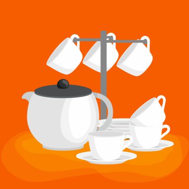Mutfak ev çatal bıçak temiz teacups ve beyaz seramik tabak yığılmış.