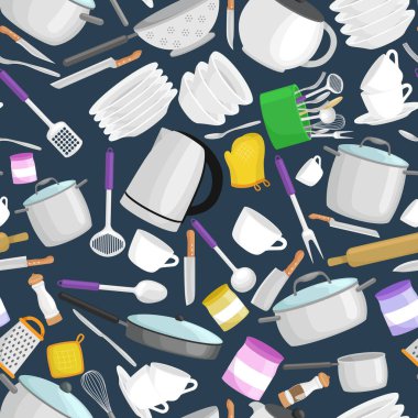 Mutfak eşyaları vektör desen. Çizgi film mutfak kap koleksiyonu. Pişirme donanımları araçları çelik ev çatal bıçak takımı,