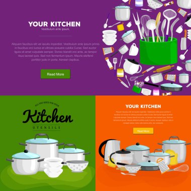 pişirme ekipmanları, mutfak kap koleksiyonu, yurt içi çelik plastik araçlar, izole ev çatal bıçak takımı vektör çizim ev ve Restoran mutfak eşyaları afiş kümesi