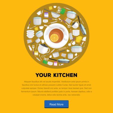 Beyaz fincan çay ve bir daire ve diğer çizgi film mutfak gereçler koleksiyonunda bulunan limon dilim. Pişirme ekipmanları çelik mutfak ev çatal bıçak takımı