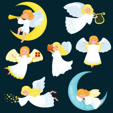 Melek kanatları ve hediye kutusu veya yıldız ile uçmaktan Noel tatili ayarla, Hıristiyan din yeni yıl vektör çizim simge gibi ay