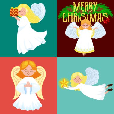 Melek kanatları ve hediye kutusu veya yıldız ile uçmaktan Noel tatili ayarla, Hıristiyan din yeni yıl vektör çizim simge gibi ay