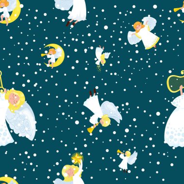 Noel tatili Melek kanatları ve sembol Hıristiyan din ya da yeni yıl gibi altın trompet ile gökyüzünde uçan vektör çizim üzerinde ay jingle bells küçük sevimli kız yıldız.