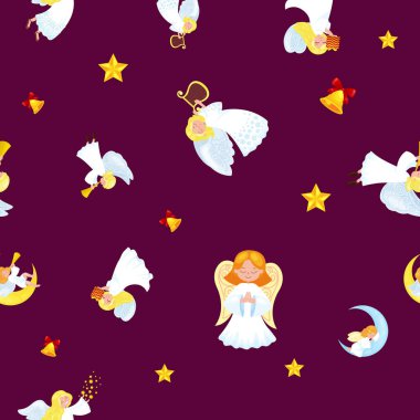 Noel tatili Melek kanatları ve sembol Hıristiyan din ya da yeni yıl gibi altın trompet ile gökyüzünde uçan vektör çizim üzerinde ay jingle bells küçük sevimli kız yıldız.