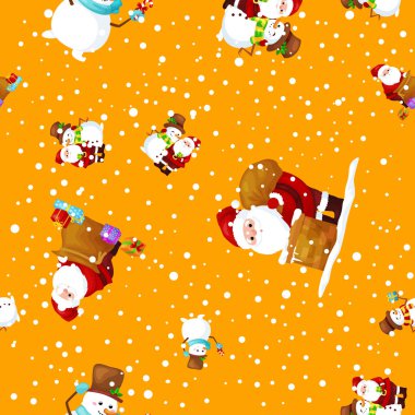 Neşeli Noel ve mutlu yeni yıl arkadaş Noel Baba'ya şapka kardan adam Fularlı xmas, kar taneleri vektör çizim üzerinden kar yağışı kutlamak