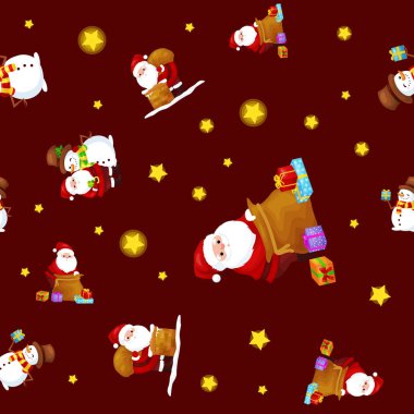 Dikişsiz desen neşeli Noel ve mutlu yeni yıl, Şapkalı arkadaş Noel Baba hediyeleri kardan adam Fularlı ile Noel kutlamak, yıldız hediyeler vektör çizim kış