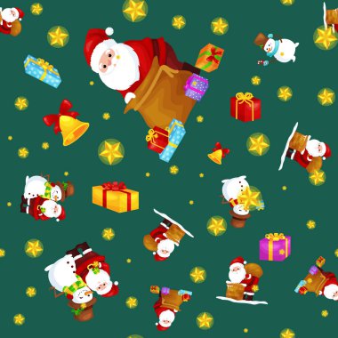 Dikişsiz desen neşeli Noel ve mutlu yeni yıl, Şapkalı arkadaş Noel Baba hediyeleri kardan adam Fularlı ile Noel kutlamak, yıldız hediyeler vektör çizim kış