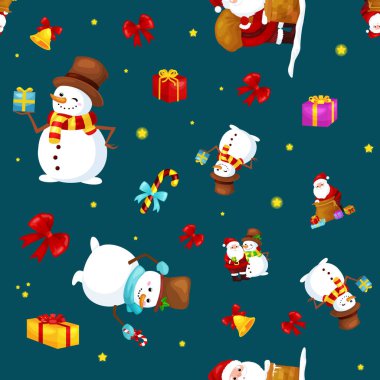 Neşeli Noel ve mutlu yeni yıl arkadaş Noel Baba'ya şapka kardan adam Fularlı xmas, kar taneleri vektör çizim üzerinden kar yağışı kutlamak