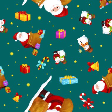 Dikişsiz desen neşeli Noel ve mutlu yeni yıl, arkadaş Noel Baba ile şapkalı sunar ve kardan adam Fularlı kutlamak Noel, yıldız ve kış hediyeler vektör çizim