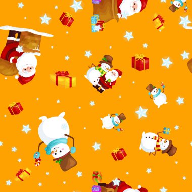 Dikişsiz desen neşeli Noel ve mutlu yeni yıl, arkadaş Noel Baba ile şapkalı sunar ve kardan adam Fularlı kutlamak Noel, yıldız ve kış hediyeler vektör çizim