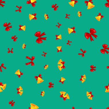 Altın Christmas dekorasyon çan karikatür kırmızı fiyonklu, jingle bells seamless modeli düşman kış tatil vektör çizim, xmas arka plan doku