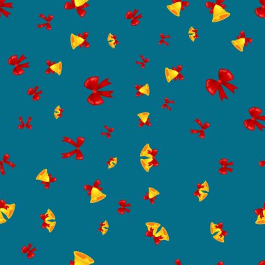 Altın Christmas dekorasyon çan karikatür kırmızı fiyonklu, jingle bells seamless modeli düşman kış tatil vektör çizim, xmas arka plan doku