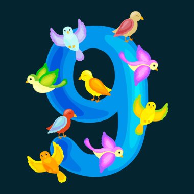 sıra dokuz birdies tutar hayvanlar alfabe anaokulu kitaplar abc veya İlköğretim Okulu poster koleksiyonu hesaplama yeteneği ile sayma çocuk eğitimi için sayıları 9 illüstrasyon vektör