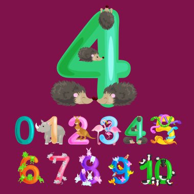 Sıralı dört kirpi tutar hayvanlar alfabe anaokulu kitaplar abc veya İlköğretim Okulu poster koleksiyonu vektör çizim hesaplama yeteneği ile sayma çocuk eğitimi için sayı 4