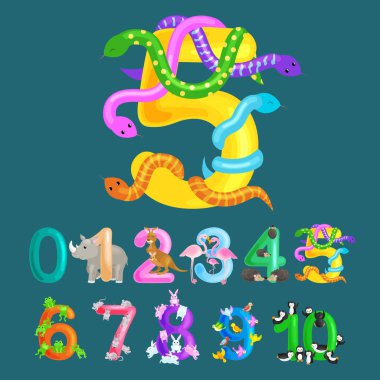 Beş numaralı sıra yılan tutarı 5 hayvanlar alfabe anaokulu kitaplar abc veya İlköğretim Okulu poster koleksiyonu vektör çizim hesaplama yeteneği ile sayma çocuk eğitimi için
