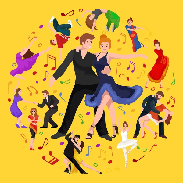 Happy Salsa dancers couple isolated on white icon pictogram, man and woman in dress dancing  with passion, people  ballroom vector illustration, young girl dancer  to the music — Stock Vector