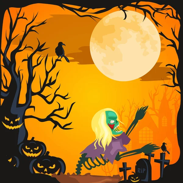 Halloween-Hintergrund. Horrorwald mit Wäldern, Gruselbaum, Kürbissen und Friedhof. — Stockvektor