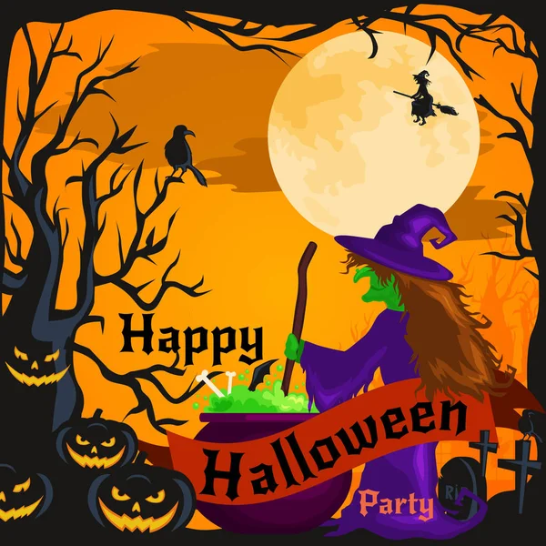 Halloween háttér. Horror erdő, erdő, a kísérteties fa, a sütőtök és a temető. — Stock Vector