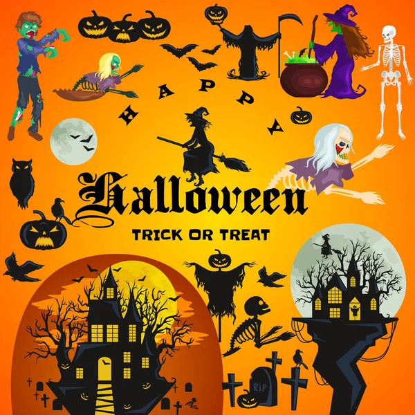 Cadılar Bayramı arka plan. Korku orman ahşap, ürkütücü ağaç, kabak ve mezarlığı.