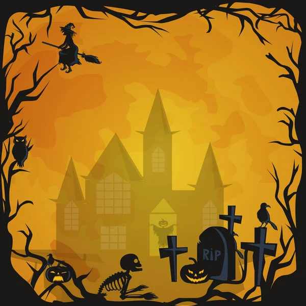 Halloween achtergrond. Horror bos met bossen, spooky boom, pompoenen en begraafplaats. — Stockvector