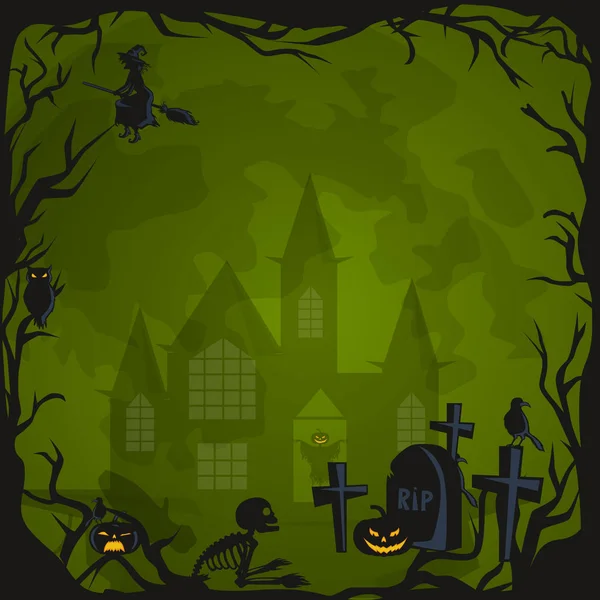 Halloween background. Horror forest with woods, spooky tree, pumpkins and cemetery. — Stock Vector