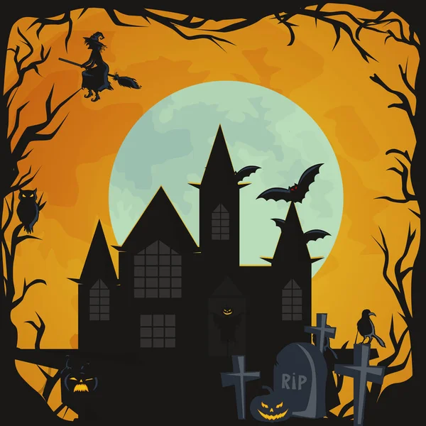 Fondo de Halloween. Bosque de terror con bosques, árbol espeluznante, calabazas y cementerio . — Vector de stock