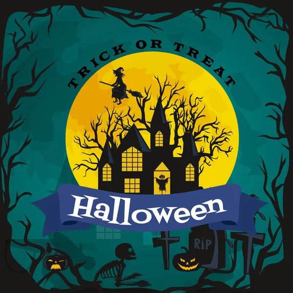 Halloween achtergrond. Horror bos met bossen, spooky boom, pompoenen en begraafplaats. — Stockvector